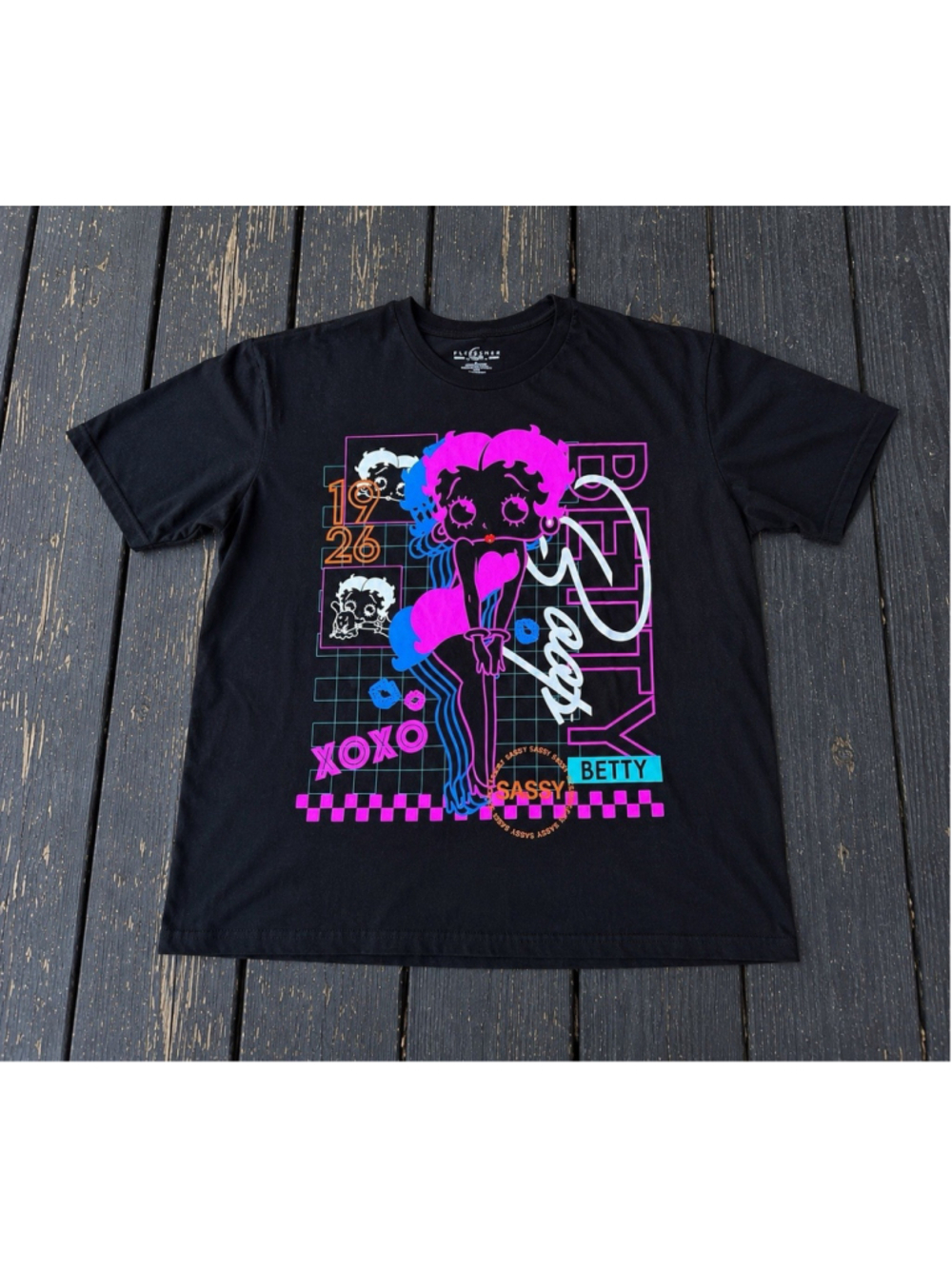 Betty Boop Neon Graphic Tee Women’s Large Y2K Retro Pop Art Black Shirt